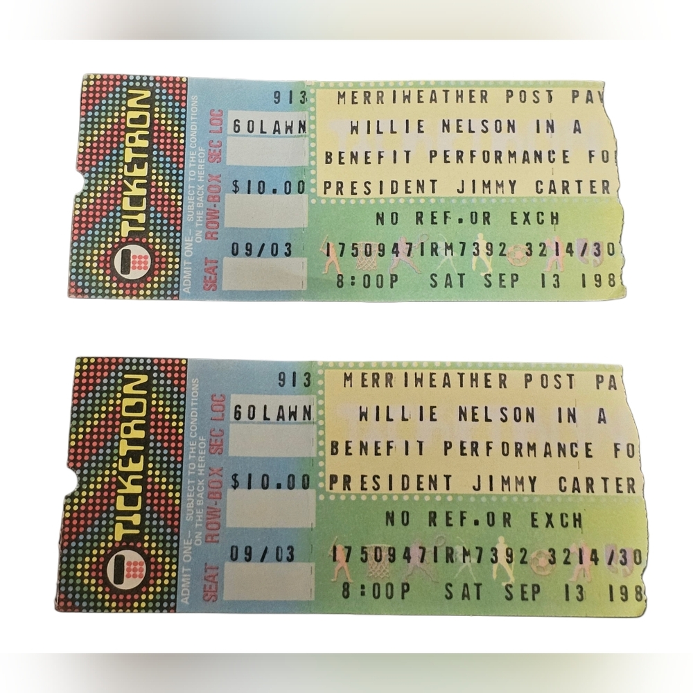 Willie Nelson Ticket Stub (2) Merriweather Post Benefit For Jimmy Carter 1980s